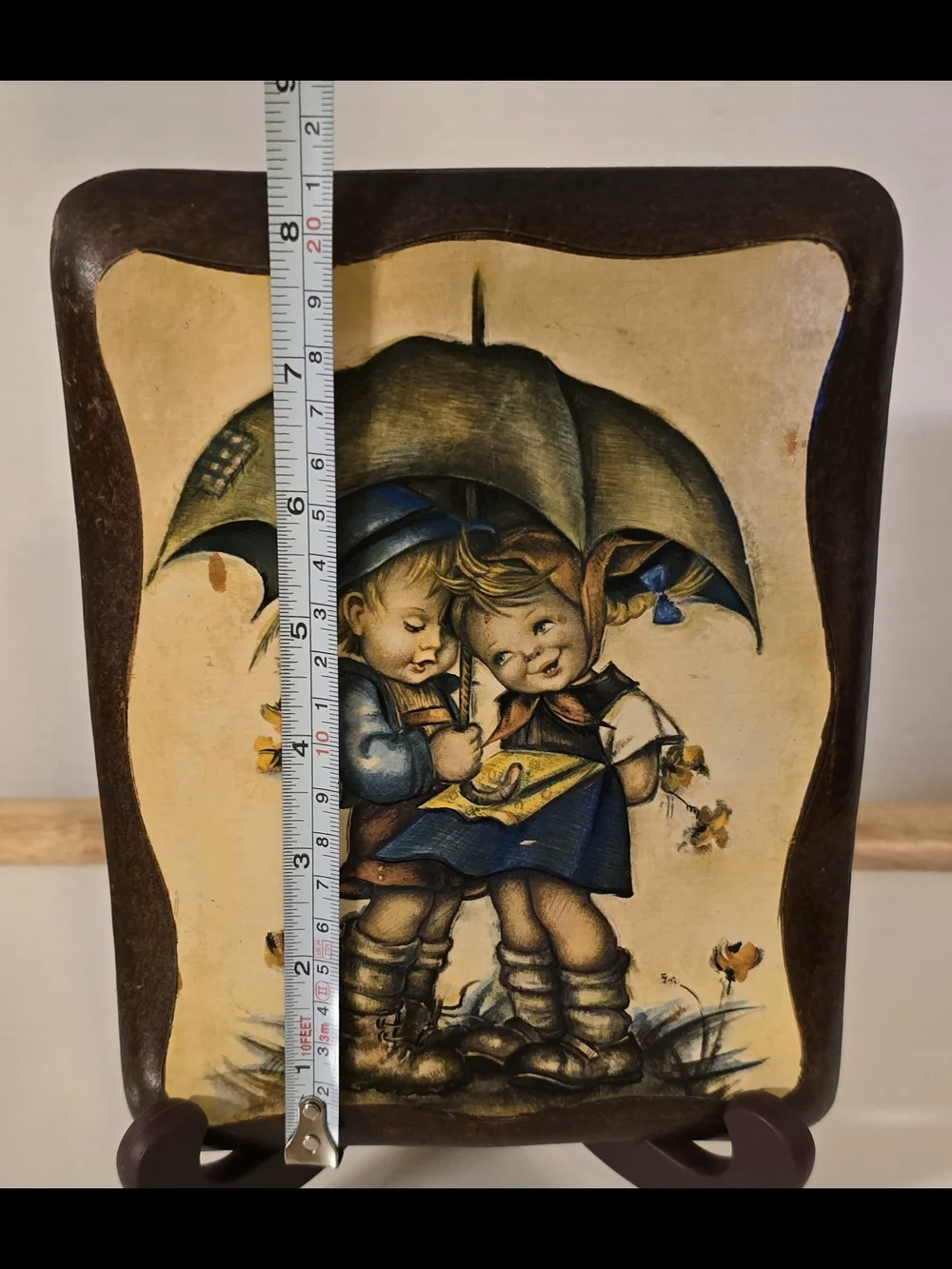 Vintage Evans Hummel Style Wood Plaque Boy Girl Umbrella Scafa-Tornabene 1970s